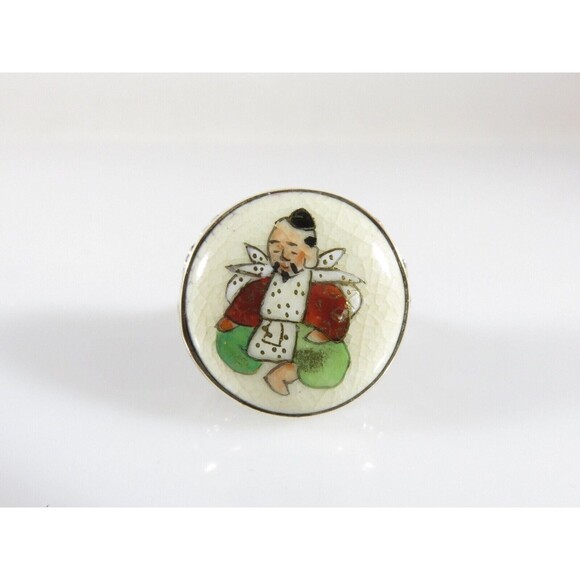 Japanese Satsuma Deity God of Fortune Hand Painted Button Ring Sterling - Picture 2 of 9